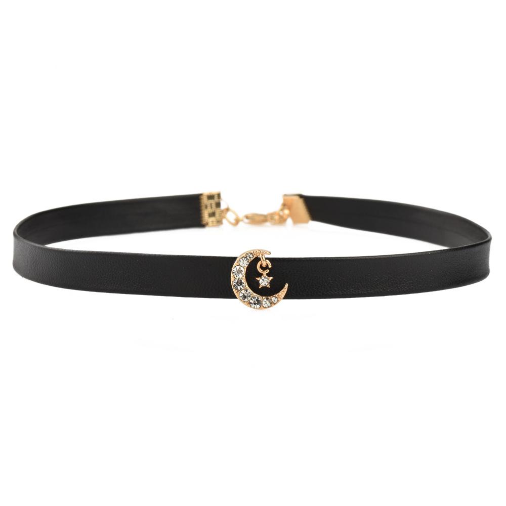 Star Same Sun Star Moon Collar Choker Neck Strap Collarbone Chain Black Leather Rope Neck Necklace