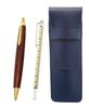 Blue Grained Leather Pen Case with Slide Measuring Stick and Brown Wooden Retro Ballpoint Pen Set (SASL-708W-HS48S)