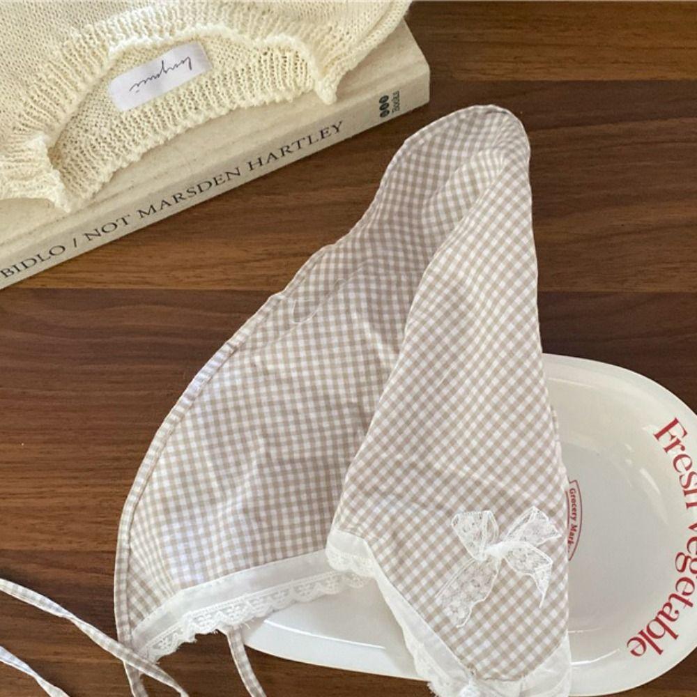 Pastoral Style Triangle Hair Band Strap Adjustable Bow Headscarf French Lattice Hair Scarf  Female