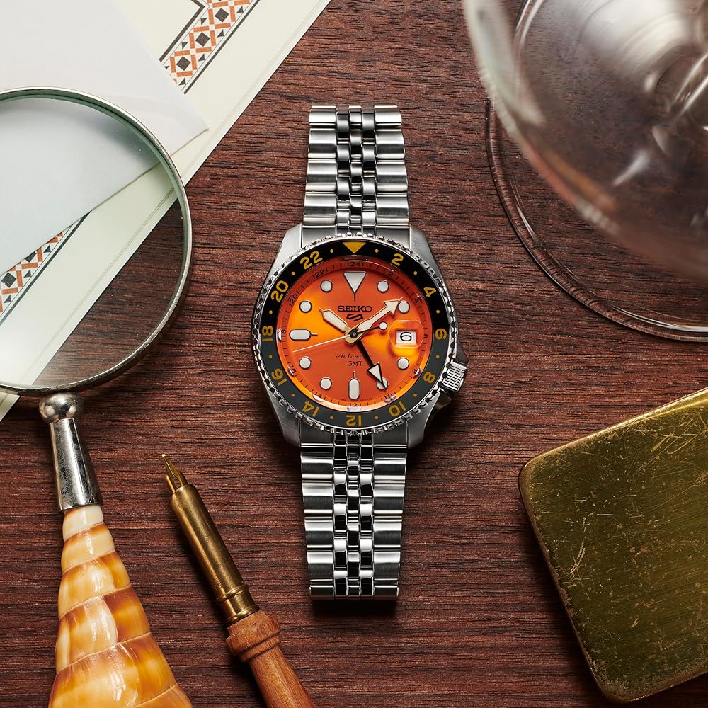 Seiko 5 Sports SSK005KC Men's Mechanical Automatic Watch Silver Black Orange Dial GMT Function Stainless Steel