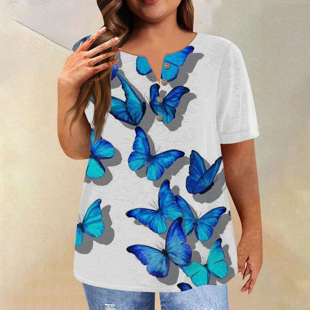 Dámské tričko s krátkým rukávem s knoflíkem a tričkem větší velikosti s květinovým potiskem