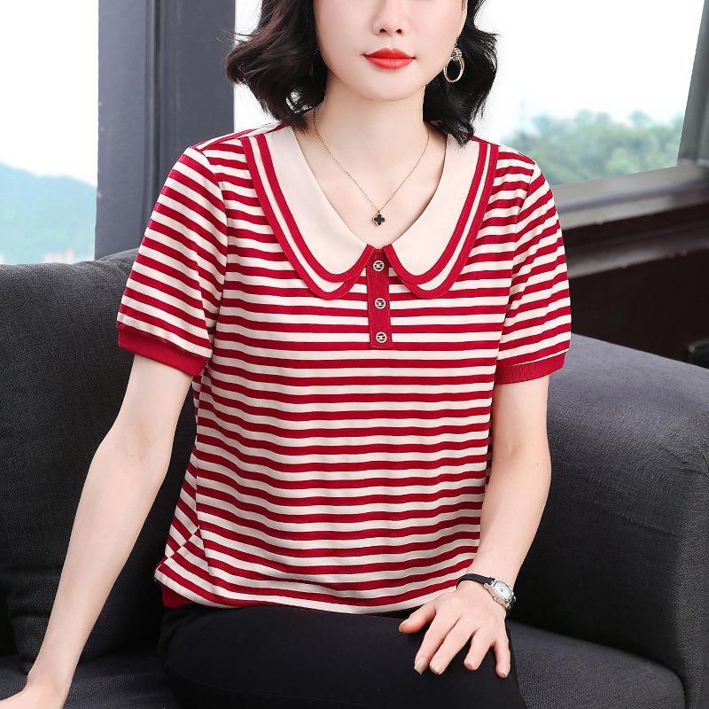 Loose Short-sleeved Summer New Style Doll Collar Plus Size Women s Striped Contrast Top M красный