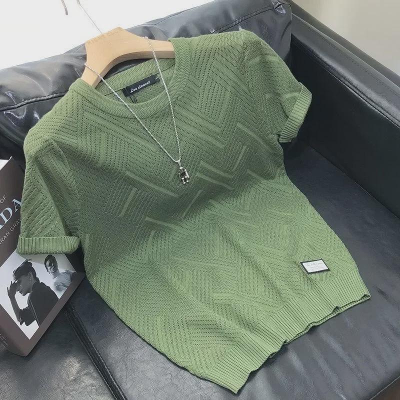 Trendy Men's Slim-Fit Jacquard Knit Sweater with Inner T-Shirt - Lightweight, Short-Sleeved Design