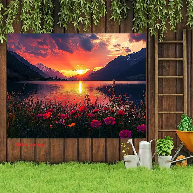 2D Colorful Mountain Sunset Banner, Lake Reflection with Red Floral Foreground