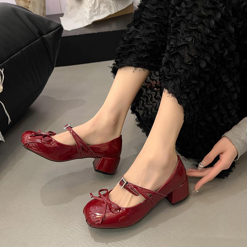 Fashion French Bow Mary Jane Shoes Women's Summer New Round Toe 100 with Skirt Metal Buckle Block Heel Small Leather Shoes
