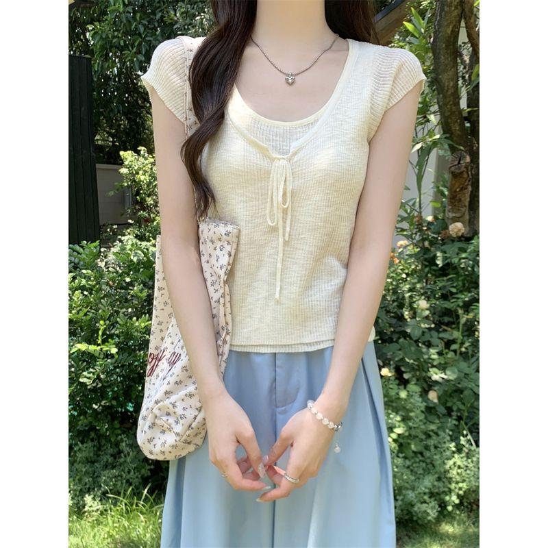 Kumikumi Sweet Style Contrast Color Patchwork Short sleeve knit Women Summer Age-Reducing Chic Lace-up Fake Two Pieces Top