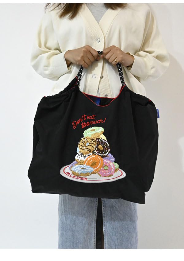 Ball Chain Authentic Large Pixel Donuts Eco Bag Shopping Bag 301160 [Ball & Chain] & (L, BLACK)