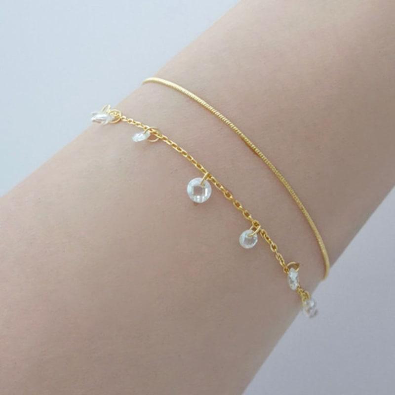 VOYONN Silver Double-Line Bracelet Gold Setting Crystal 0009