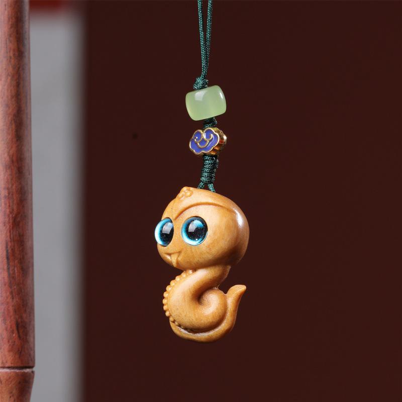 Red Sandalwood Snake Pendant with Green Sandalwood Zodiac Animal Design - Handcrafted Accessories
