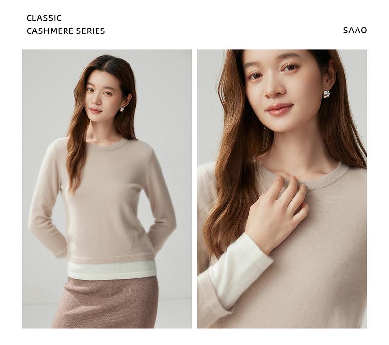 Two-Piece Look Cashmere Sweater - Women's Autumn/Winter 2026 Round Neck Color Block, Versatile, Loose-Fit with Slimming Effect.