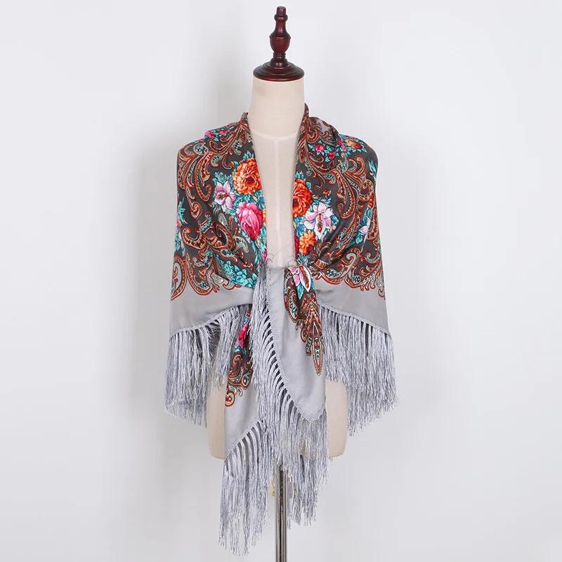 Floral Printed Bohemian Scarf Fringed Shawl Headscarf Russian Babushka Scarves Women National Muslim Head Wrap Square