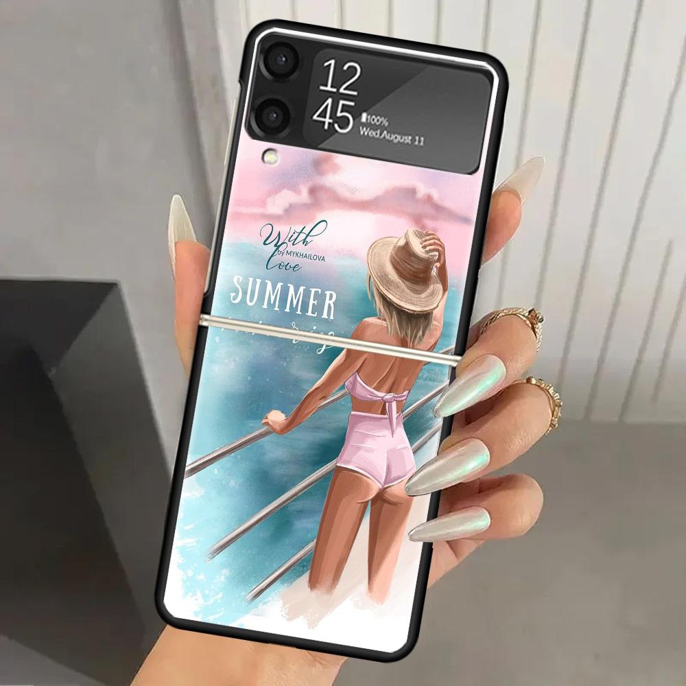 Girl Flamingo Summer Beach Hard PC Phone Case For Samsung Galaxy Z Flip 6 5 4 3 Black Cover ZFlip6 Flip5 Flip4 5G Foldable Print