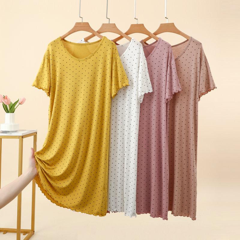 Damen Sommer Modal Pünktchen Rüschen Kurzarm Midi Kleid Übergröße Schmeichelnd Lockerer Schnitt Nachthemd Lässiges Nachthemd Loungewear Kleider