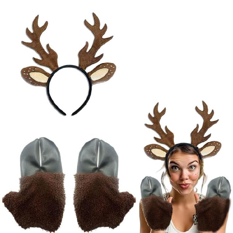 Antlers Reindeer Headband Fawn Tail Face Stickers Reindeer Costume for Christmas Halloween Party Deer Cosplay Costume