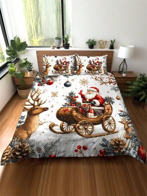 2/3pcs Christmas Tree, Gift, Snowflake, Reindeer, Santa Claus Pattern Soft Duvet Cover Set, Suitable For Bedroom, Guest Room