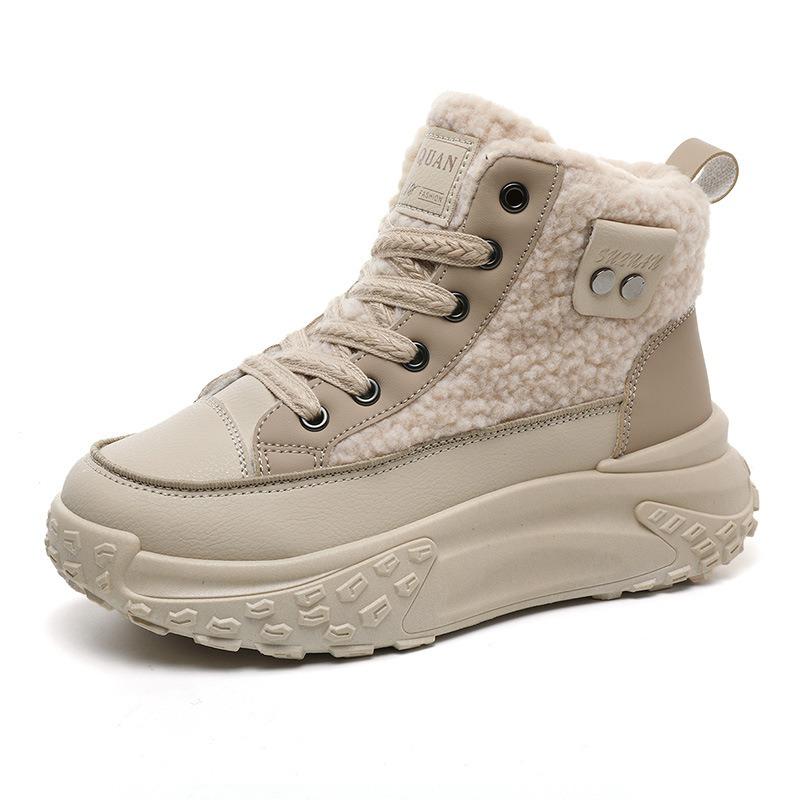 Zimowe buty damskie z wysoką cholewką, z aksamitnymi bawełnianymi butami do utrzymywania ciepła, grube podeszwy z wełny jagnięcej zwiększające wysokość, wersja koreańska ins studenci
