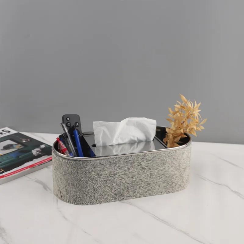 Metal Imitation Horsehair Leather Tissue Box, Stainless Steel Paper Box, Home Decoration, Kitchen Tissue Storage Container