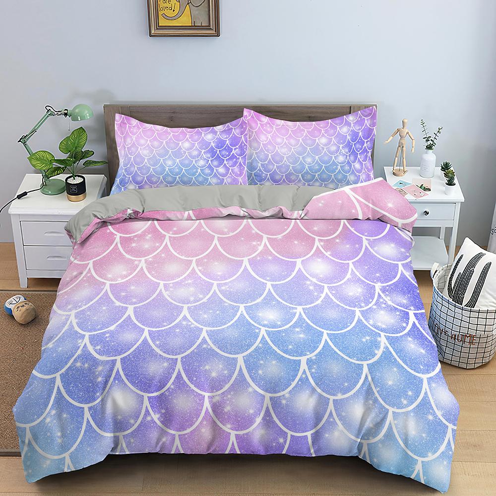 Fish Scales Duvet Cover Set Colorful Mermaid Polyester Comforter Cover With Pillowcase King Queen Full Size For Boys Girl Teen