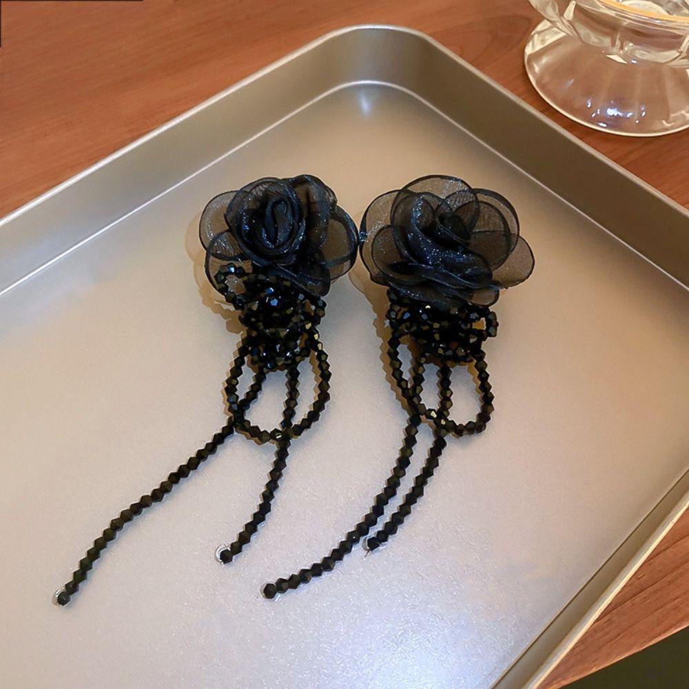 Light Luxury Tassel Earrings Long Crystal Dangle Earrings Exquisite Gauze Flower Earrings  Women