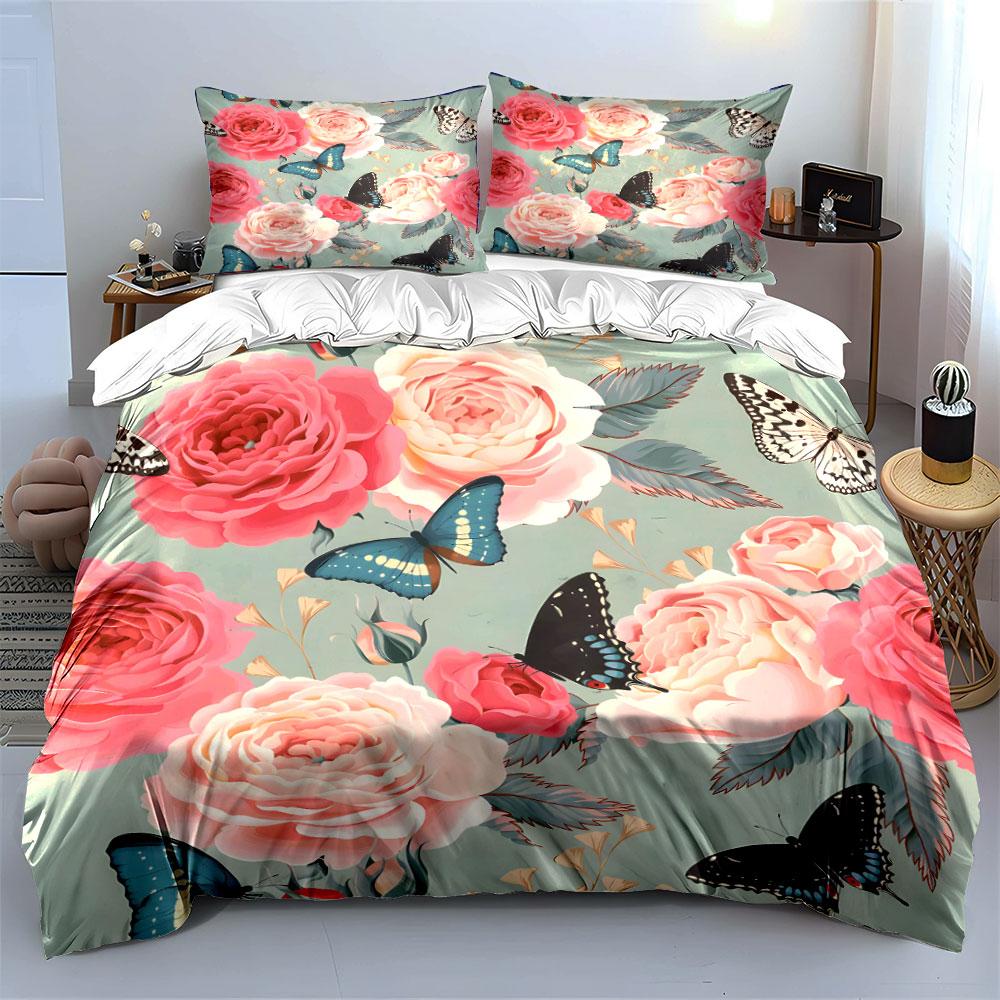 Romantic Butterflies And Roses Bedding Set For Kids Luxury Gift 3Pcs Digital Print Comforter Set Soft Comfortable Breathable