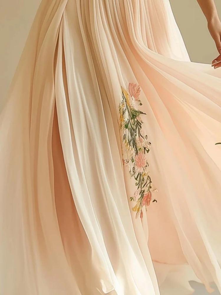 Vestito da Donna con Scollo a V, Manica Corta, Stampa Digitale Posizionata, Gonna Lunga, Elegante, Aderente, Vita Alta