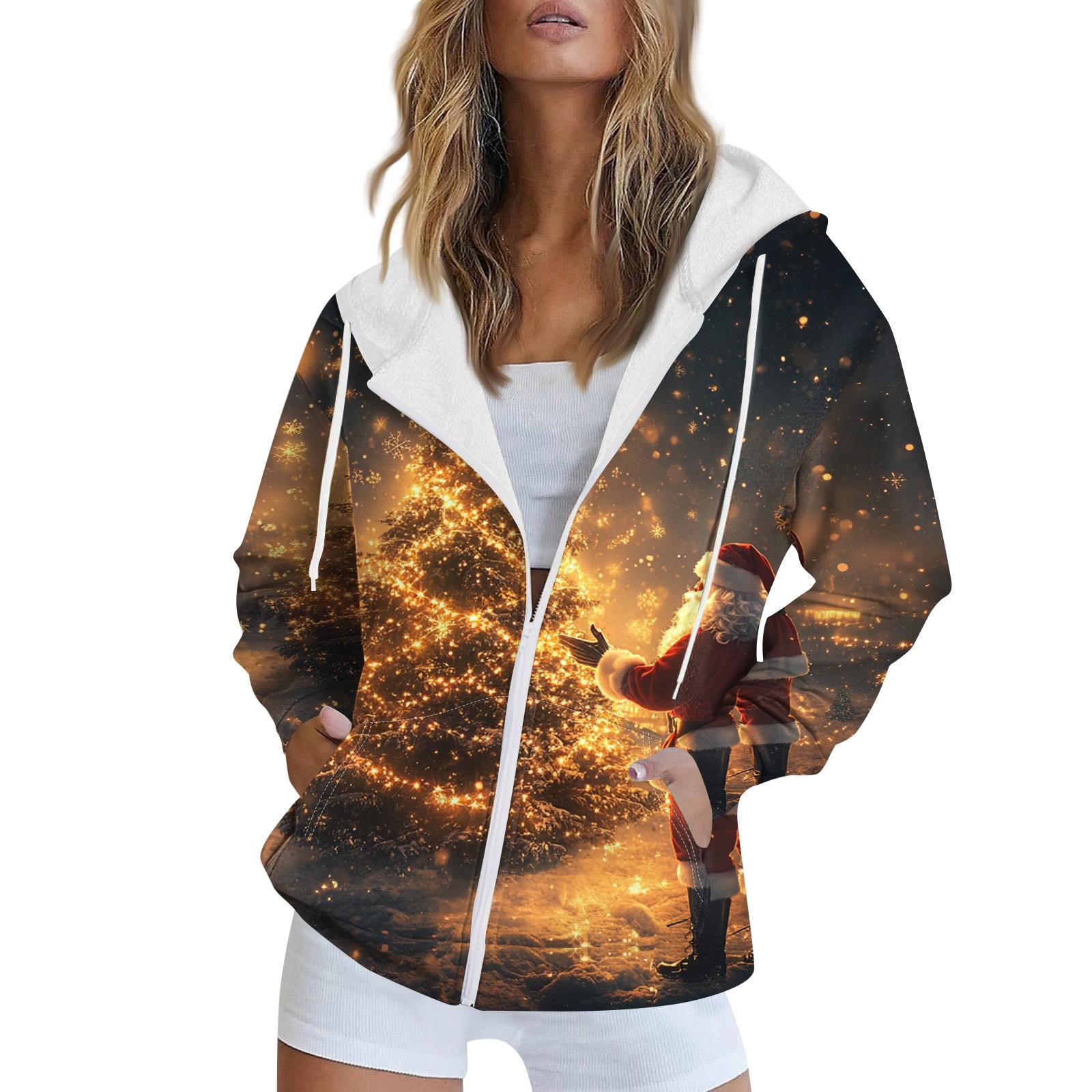 

Женская рождественская печатная толстовка, зимняя куртка-кардиган с длинными рукавами и карманами, на молнии, толстовка с капюшоном, верхняя одежда L красный