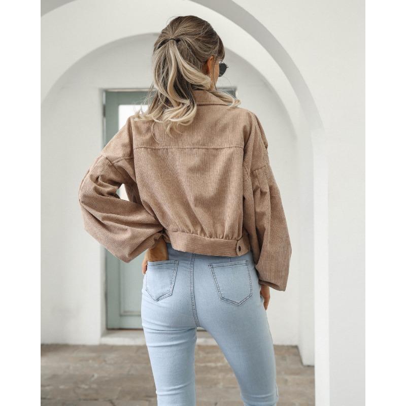 Podzim a zima ležérní klopa Styl BF Manšestrová bunda Lucerna rukáv Jednořadý Krátký kabát Dámské Elegantní Jednobarevné Nový styl