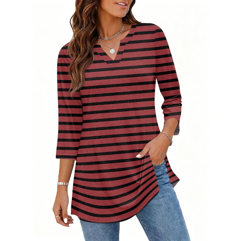 Damen V-Ausschnitt 3/4 Ärmel Pullover Tunika Oberteil mit Streifenmuster Lockerer Schnitt Lässige Mittellange Bluse für den täglichen Gebrauch