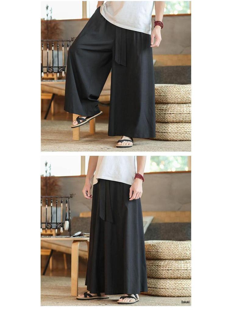 Men's Wide-Leg Ice Silk Culottes - Chinese Style Hanfu Tang Suit Meditation Skirt Pants