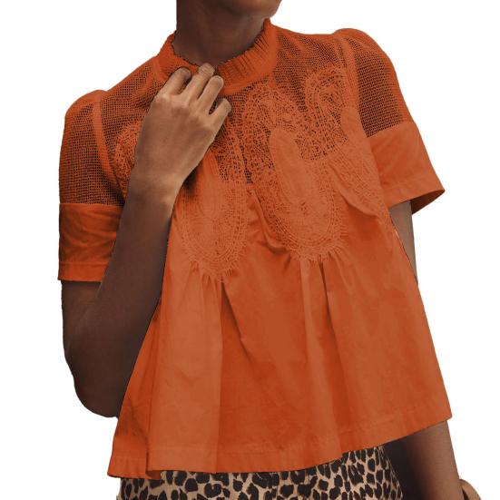 

Women Tops Round Neck Short Sleeve Pure Color Pullover Tops Hollow Embroidery Mesh Yarn Loose Fit Casual Tops Daily Wear S