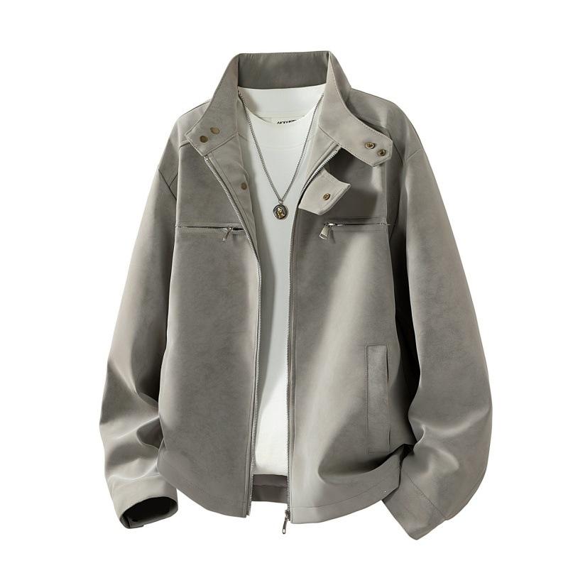 New leather jacket stand-up collar spring and autumn tooling style American retro lapel leather jacket PU leather jacket men