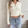 2026 Autumn/Winter Sweet College Style White Bow Embroidered Lapel Cable Knit Sweater