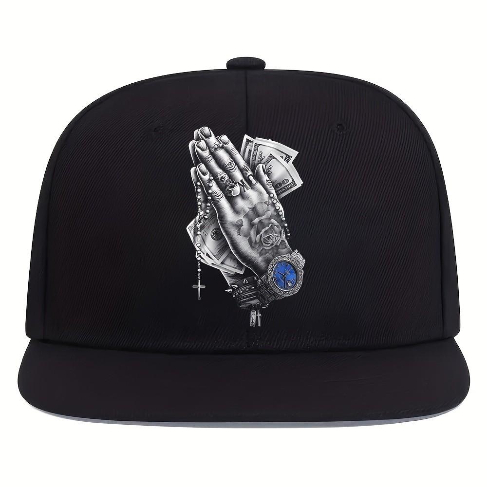 Praying Hands Money Watch Graphic Flat Brim Trucker Hat Adjustable Baseball Cap Adult Casual One Size