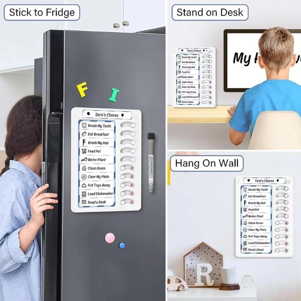 Axroad Mall Magnetic Refrigerator Task Board Set of 2, Kids Daily Planner with Sliding Buttons, Includes Marker, Reusable, 17x22 cm, White
