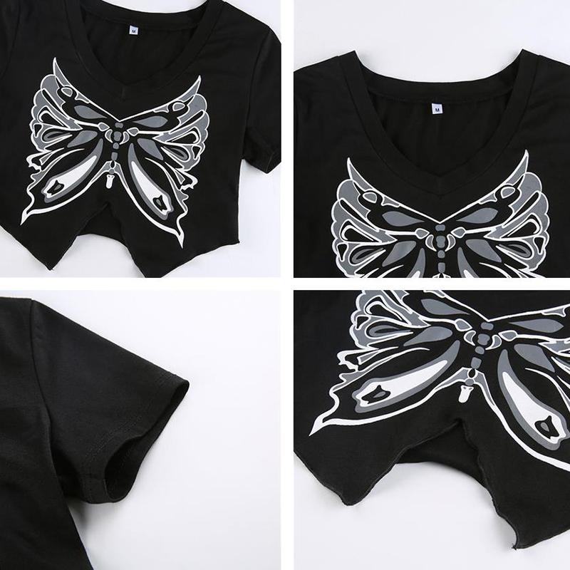 American Retro Butterfly Print Irregular Split T-Shirt Summer Slim Fit Versatile Short Sleeve Short Top Streetwear