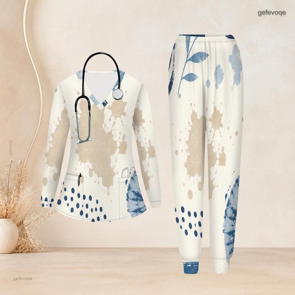 Women Plus Size Printed Nurse Scrub Set V Neck Long Sleeve Pocket Top And Long Pants Blue Beige