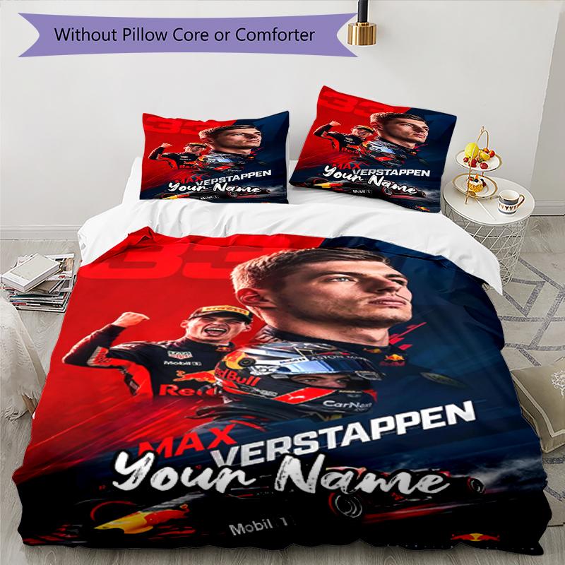 3ks Sada povlečení na míru Max Verstappen Uzavírání na zip Obsahuje 1 povlak na přikrývku a 2 povlaky na polštář, měkké a pohodlné pro všechna roční období.
