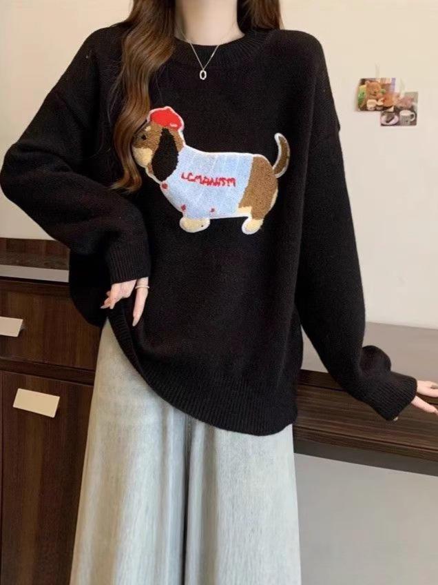 Sausage Dog Embroidered Cozy Knit Sweater: Trendy Cartoon Design, High-Grade Round Neck for Fall/Winter
