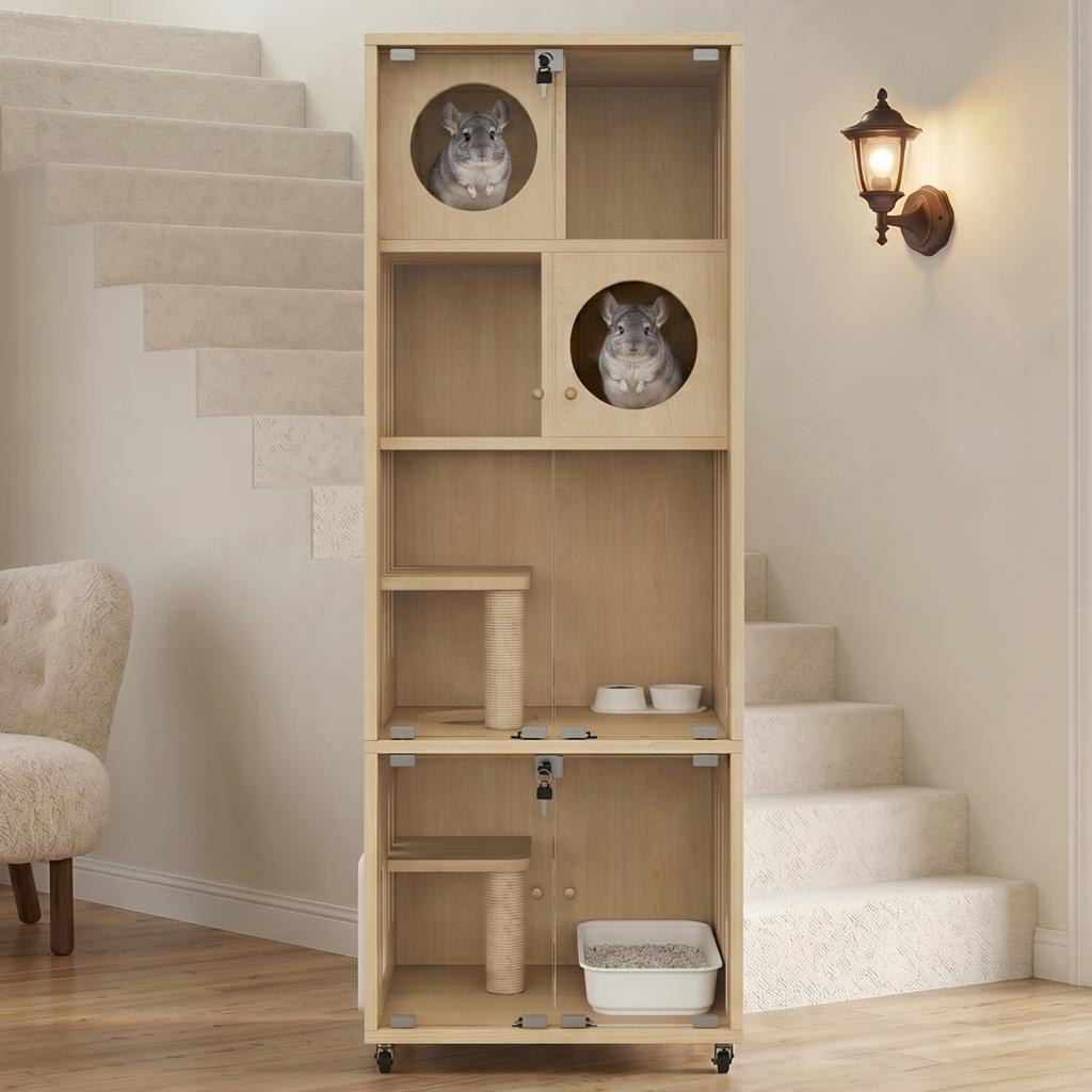 Cat Villa, Cat Enclosure, Cat Furniture, Large Chinchilla Cage, Glass Cat House with Wheels, with Key, with Cat Flap, Natural Wood Color, 60x50x156cm