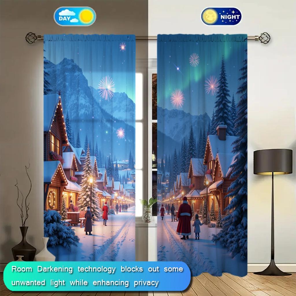 2pcs Christmas Snow Scenery Printed Curtain for Christmas Home Decor - Rod Pocket Window Treatment for Bedroom, Office, Kitchen