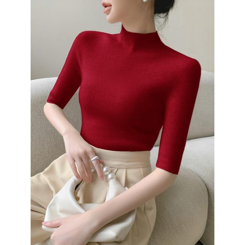 

Женская базовая рубашка с рукавом три четверти, полуворотником, облегающего кроя, на весну и осень, под пиджак, новый вязаный свитер, топ с рукавом три четверти XXL