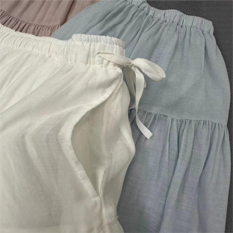 Johnature Summer French Embroidery Three-dimensional Flower Skirt Women Vintage Ramie Elastic Waist Skirts