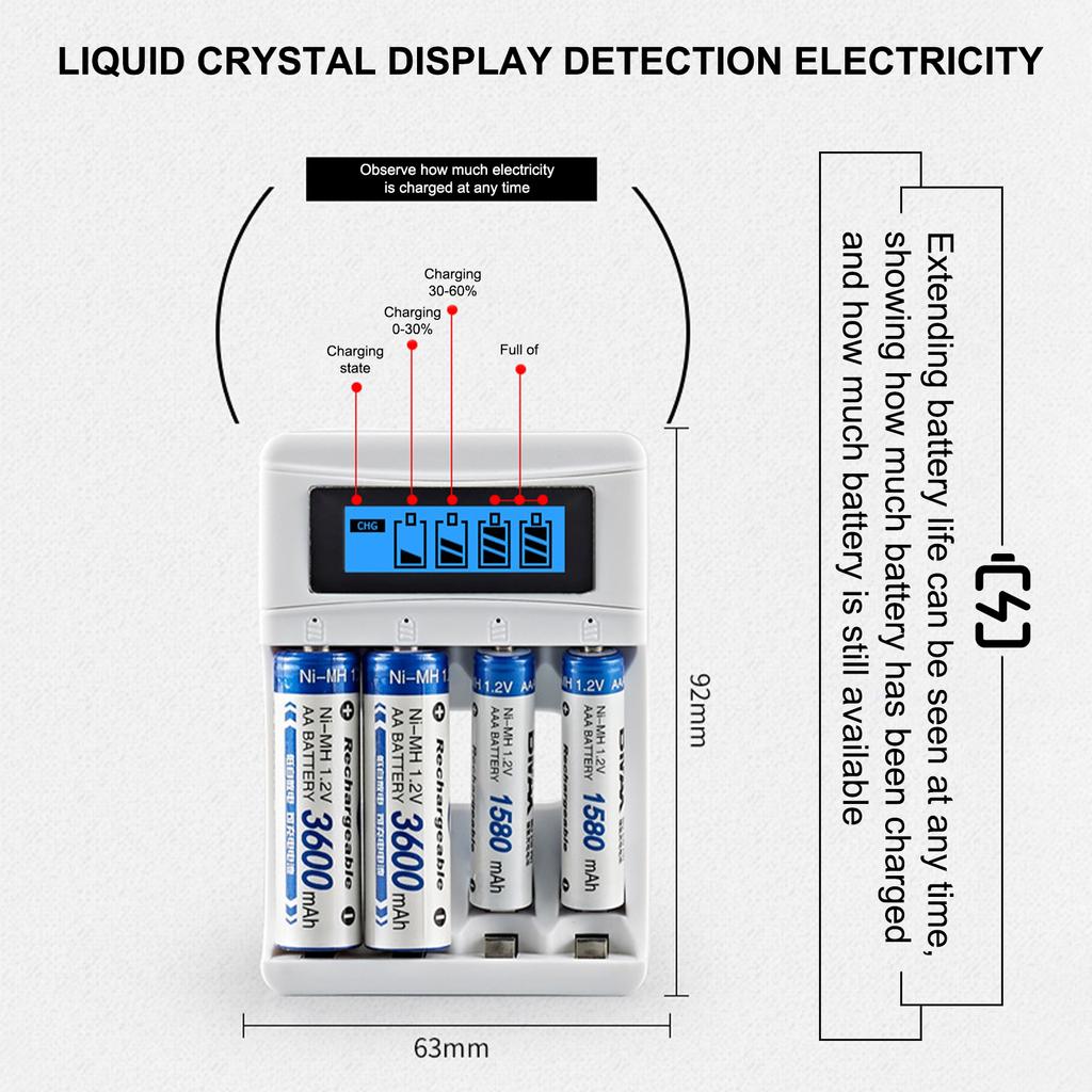 4 Slots Battery Charger with LCD Display for AA AAA Ni-MH Rechargeable Battery Smart Rechargeable