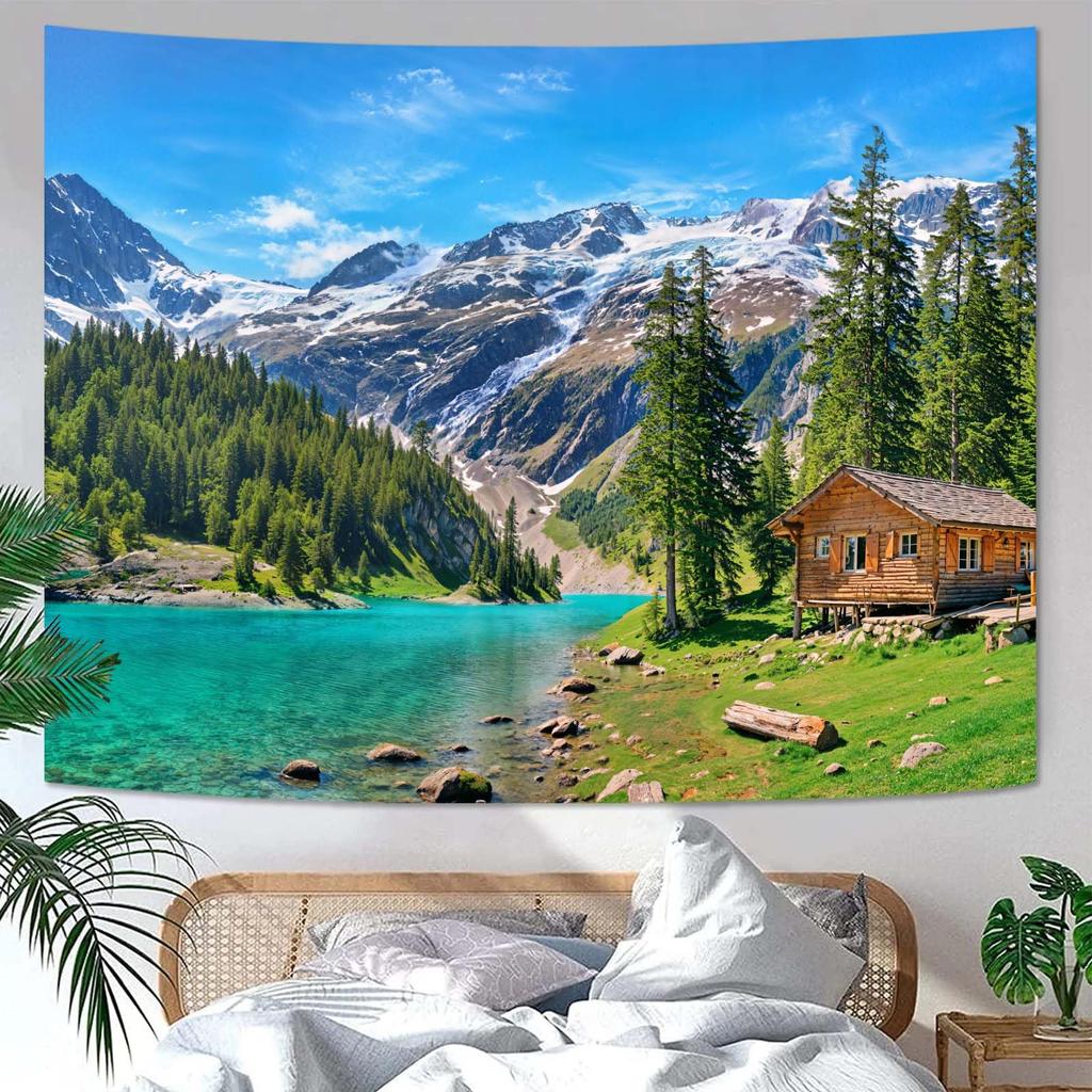 Nature Mountain Forest Tapestry Sage Green Tree Stream Wall Tapestry for Bedroom Aesthetic Lush Woodland Landscape Small