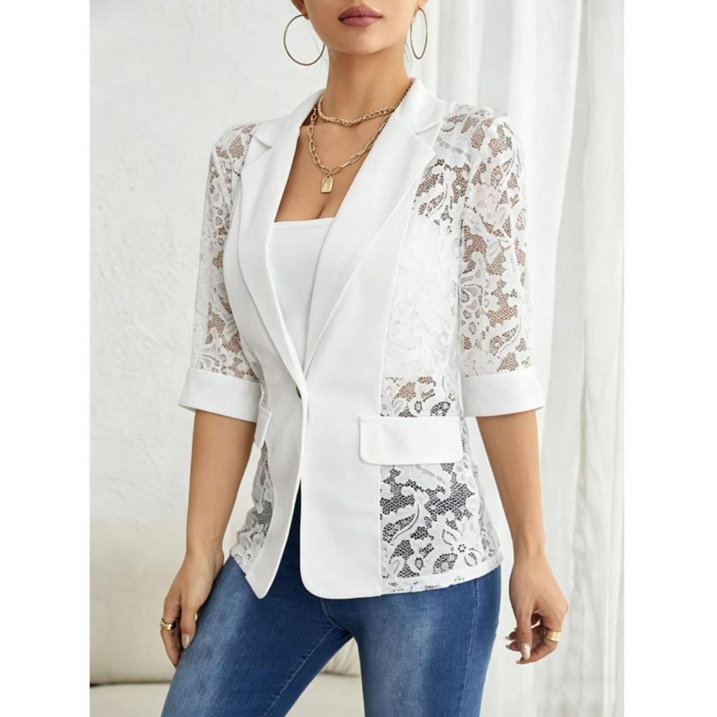 Coat Elegant Spring New Women's Splicing Fashion Casual Lace Color Solid Outerwear Blazer