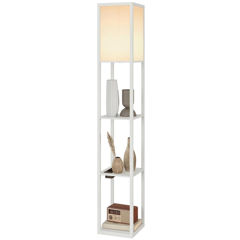 Floor Lamp with Shelves, Adjustable Light, Foot Switch and USB Ports, White