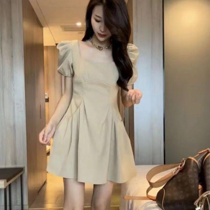 Summer Square Neck Puff Sleeve Ruched Slimming Dress for Women