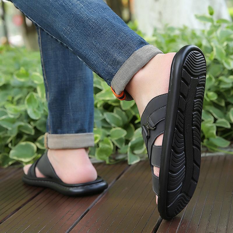 Men Black Leather Slippers Simple Flats Summer Brown Outdoor Roman Sandals Outdoor Beach Shoes Over Sized