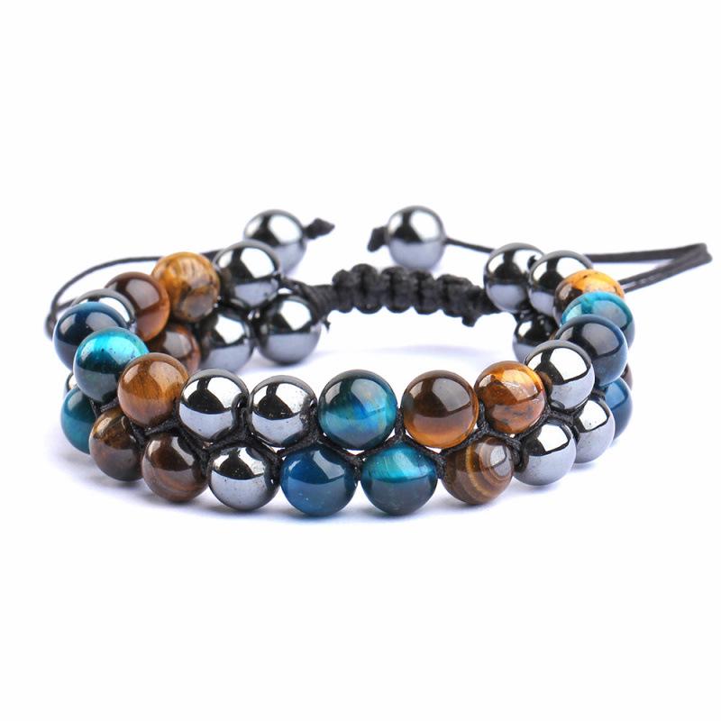Men's Adjustable Woven Yoga Bracelet with Natural Tiger Eye Beads and Black Magnetic Clasp