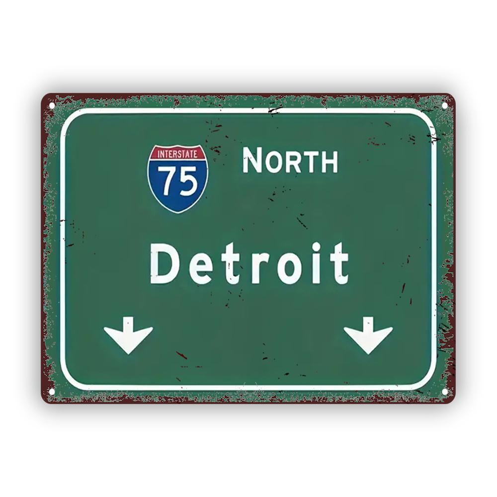 Vintage Retro INTERSTATE NORTH Detroit with Classic Highway Sign Design and Distressed Green Background Metal Tin Sign Wall 20x30cm(7.8x11.8inch)